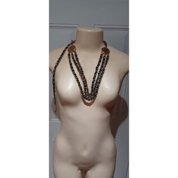 CHANEL VINTAGE Rue 31 Cambon Gold Chain Tri-Belt. Black Leather. - Picture 10 of 11